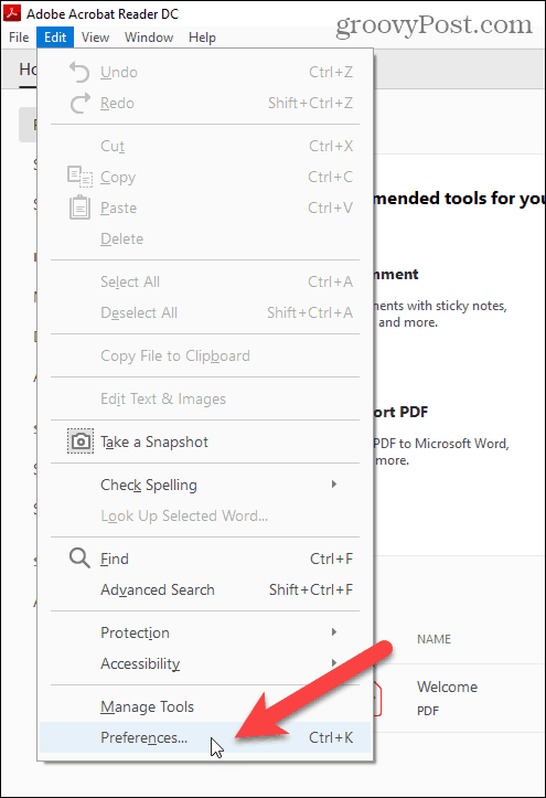Seleccione Preferencias en el menú Editar en Adobe Acrobat Reader