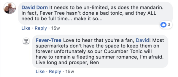 Ejemplo de un Fever-Tree respondiendo a un comentario en una publicación de Facebook.