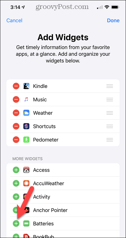 Agregue el widget Baterías a la pantalla Widgets de iPhone