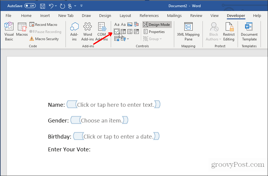 insertando una casilla de verificación en word