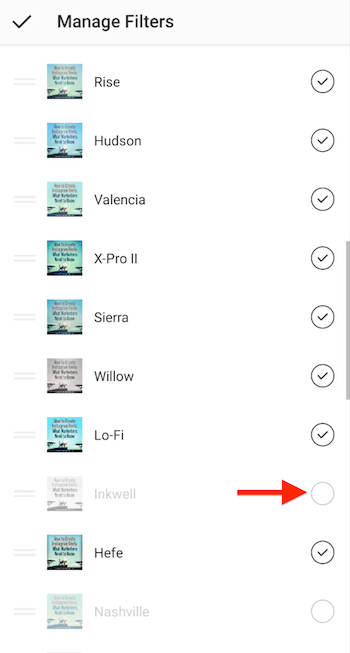 administrar las opciones del menú de filtros de instagram que muestran marcas de verificación junto a los filtros incluidos en la pantalla de selección, resaltando un filtro sin marcar para agregar a la pantalla de selección de filtros