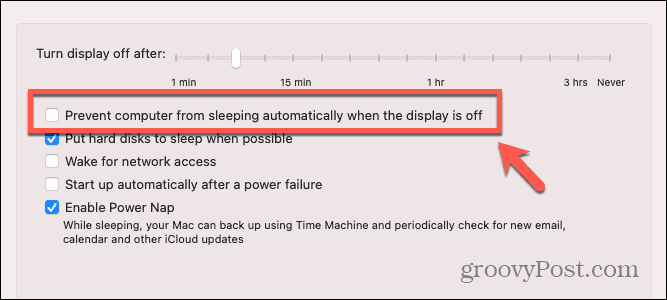 mac evita que mac entre en suspensión cuando la pantalla está apagada casilla de verificación