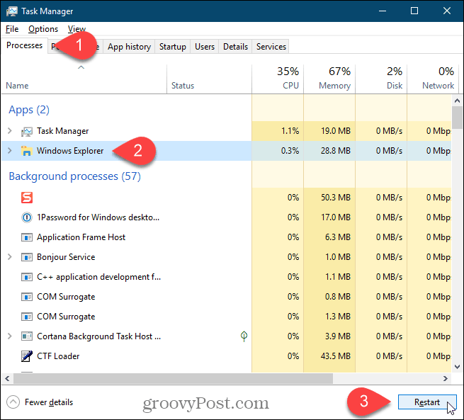 Seleccione el proceso del Explorador de Windows y haga clic en Reiniciar en Windows 10