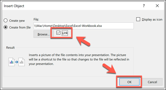 Insertar una hoja de cálculo Excel en PowerPoint con la opción de enlace habilitada