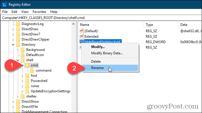 Seleccione Cambiar nombre para el valor HideBasedOnVelocityId en el Editor del registro de Windows