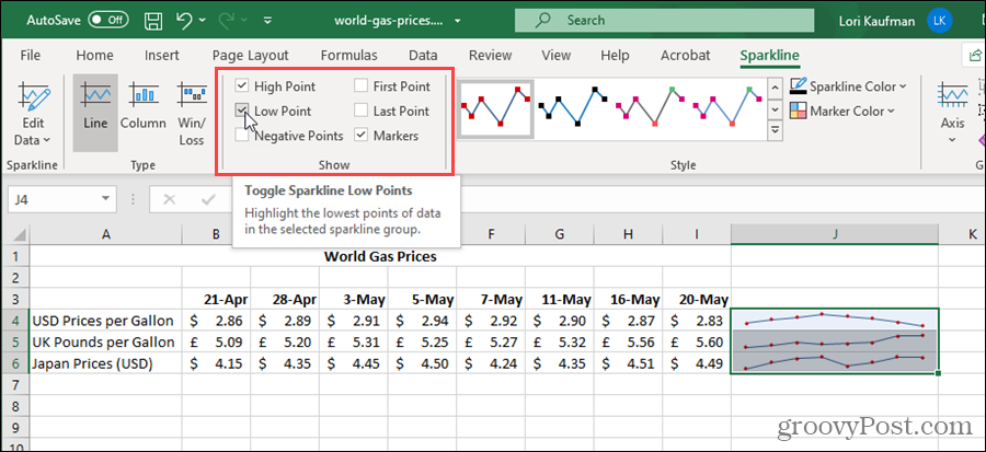 Mostrar opciones para minigráficos en Excel