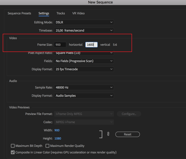 Opción para establecer la velocidad de fotogramas de su secuencia en Adobe Premier Pro.