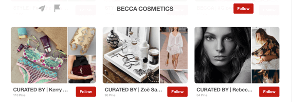 Ejemplo de tableros de invitados en Pinterest seleccionados por influencers para Becca Cosmetics.