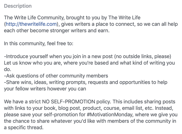Cómo mejorar la comunidad de su grupo de Facebook, ejemplo de descripción y reglas del grupo de Facebook de The Write Life Community