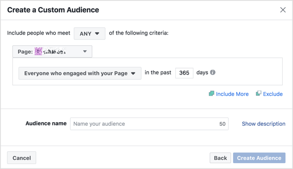 Complete los criterios para una audiencia personalizada de participación en la página de Facebook.