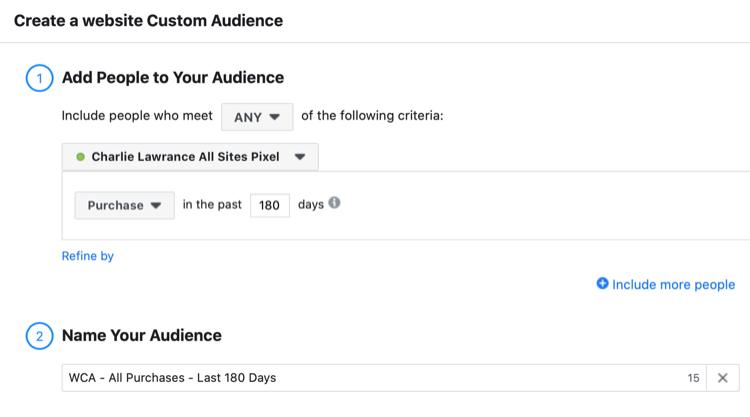 configurar la audiencia personalizada del sitio web de Facebook de los visitantes que han comprado en los últimos 180 días