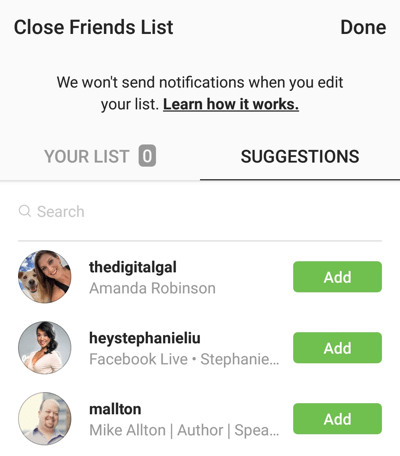 Opción para hacer clic en Agregar para agregar un amigo a su lista de Amigos cercanos en Instagram.
