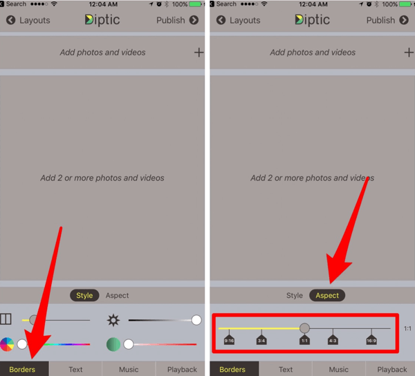 Intente usar la aplicación Diptic para presentaciones de diapositivas cuadradas y horizontales.