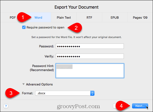 Cuadro de diálogo Exportar su documento en Pages para Mac