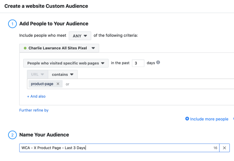 Configuración de audiencia personalizada del sitio web de Facebook para anuncios recordatorios