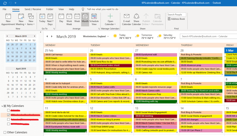 Estrategia de marketing en redes sociales; Captura de pantalla de nuestro calendario de Outlook para mostrar cómo programamos cada acción de implementación para garantizar que se realice.