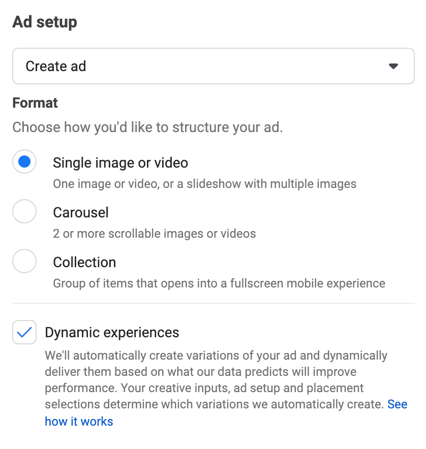 cómo-crear-anuncios-de-facebook-los-clientes-interactuar-con-crear-experiencias-dinámicas-marcar-la-casilla-de-experiencias-dinámicas-cargar-imagen-o-video-escribir-texto-principal-título-descripción-ejemplo- 13