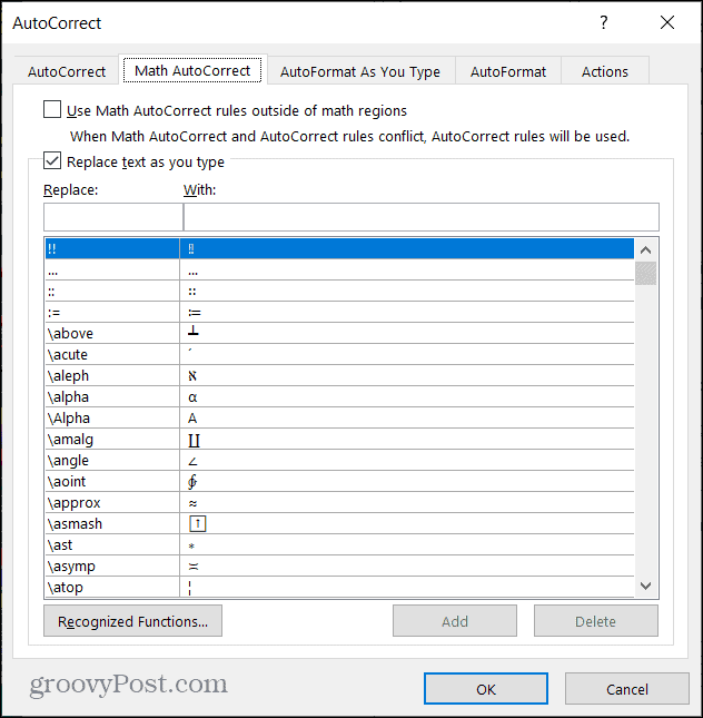 Autocorrección matemática en Word en Windows