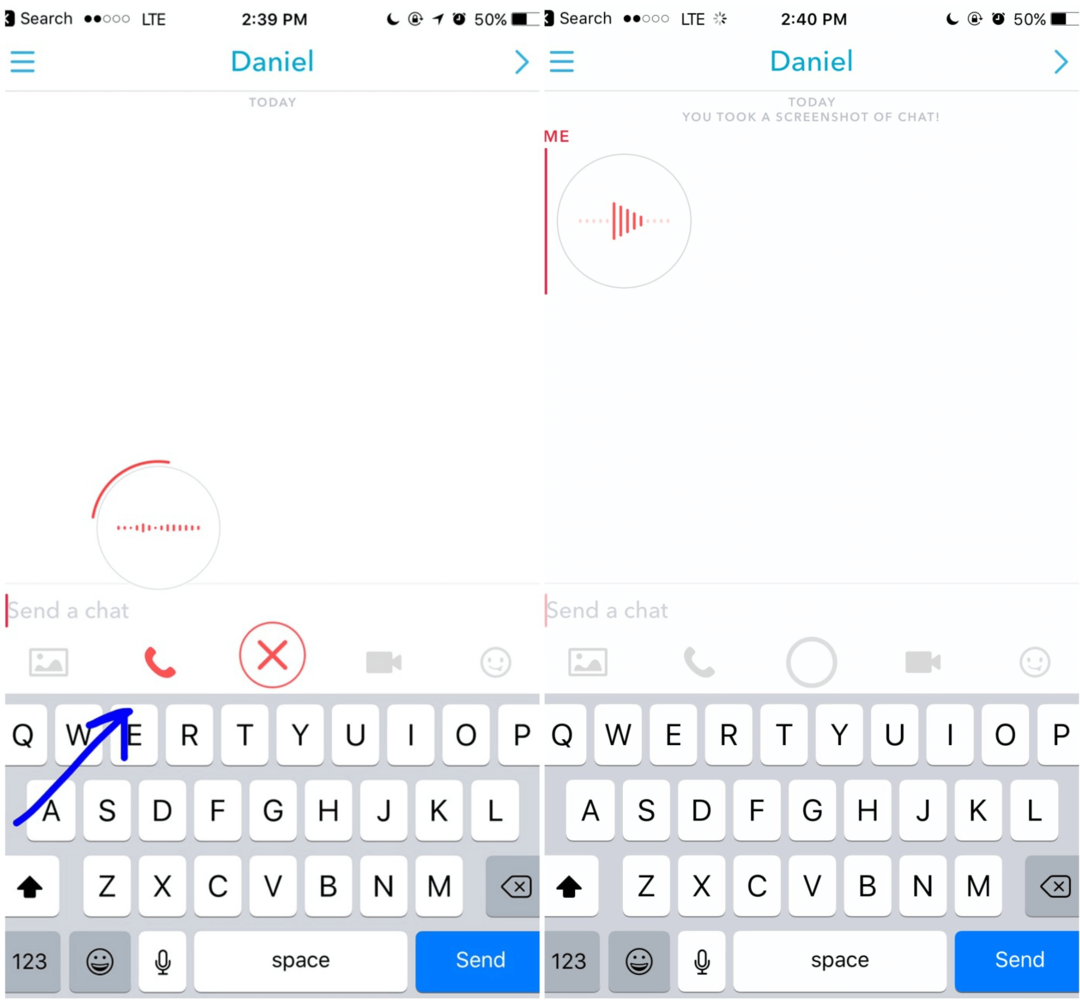 En Snapchat, mantenga presionado el ícono del teléfono para grabar un mensaje de voz que su cliente verá la próxima vez que inicie sesión.