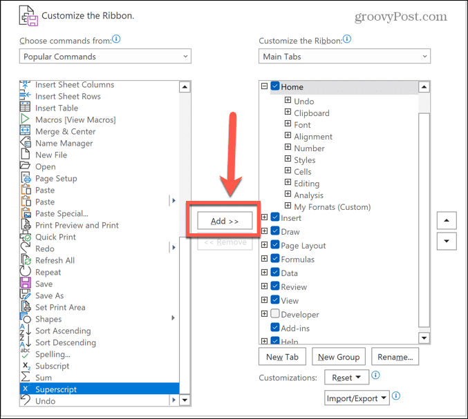 excel añadir comando