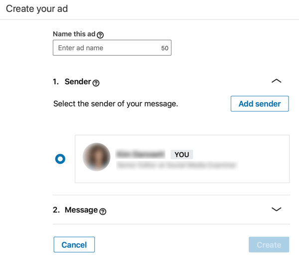 Cómo crear un anuncio InMail patrocinado basado en objetivos de LinkedIn, paso 3, establecer el nombre del anuncio y el remitente