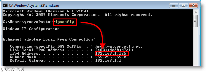Captura de pantalla: ejecutar IPConfig en la ventana de comandos de Windows