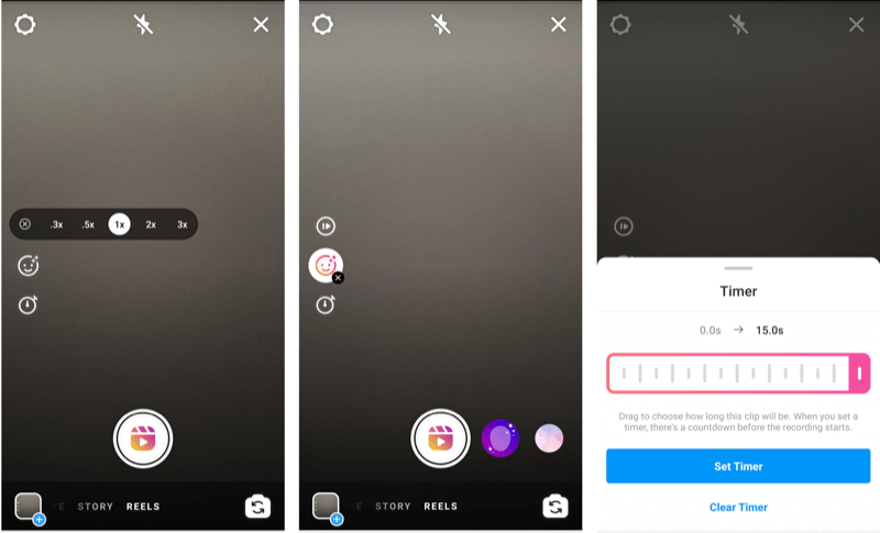 capturas de pantalla que muestran la opción y la configuración del temporizador de carretes de Instagram 