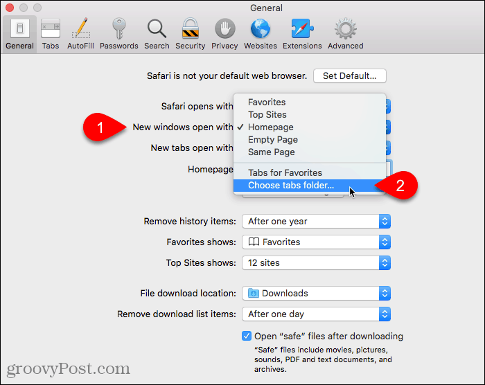Seleccione Elegir carpeta de pestañas para Abrir ventanas nuevas con configuración en Safari en Mac