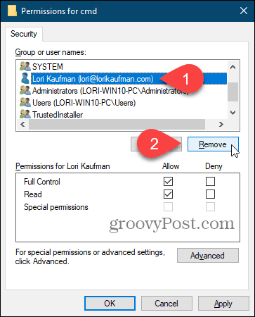 Eliminar un usuario en el cuadro de diálogo Permisos en el Registro de Windows