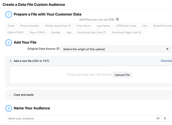 Cómo usar las redes sociales para identificar prospectos de un evento en vivo, paso 2, crear un archivo de datos de audiencia personalizada