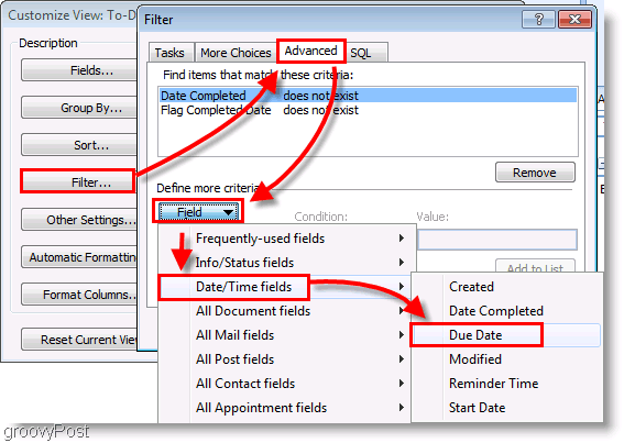 Captura de pantalla: Filtro de configuración de la barra de tareas de Outlook 2007