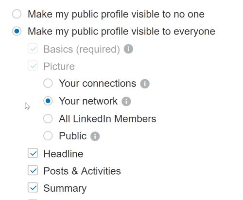 Asegúrese de que la configuración de su perfil de LinkedIn permita que cualquier persona vea sus publicaciones públicas.