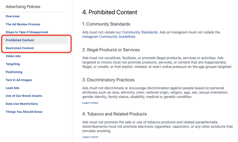 Sección de contenido prohibido de las políticas publicitarias de Facebook