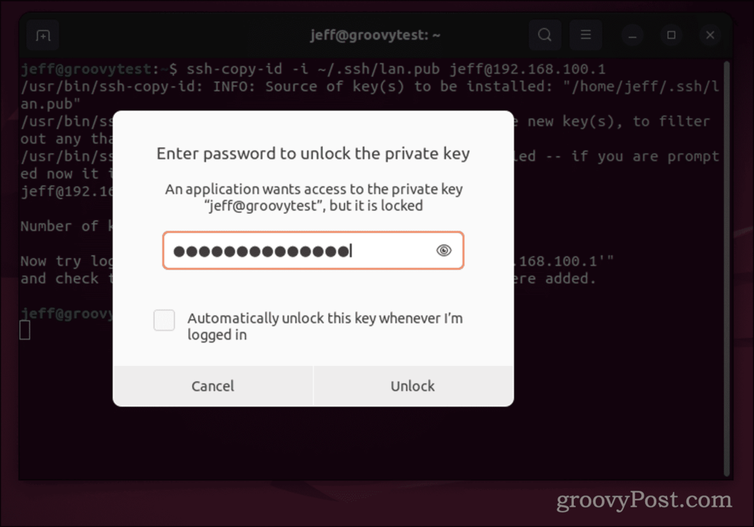 Cuadro de diálogo de contraseña de Ubuntu para clave SSH