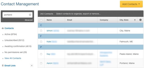 muestra de gestión de contactos lista de correo electrónico segmentada
