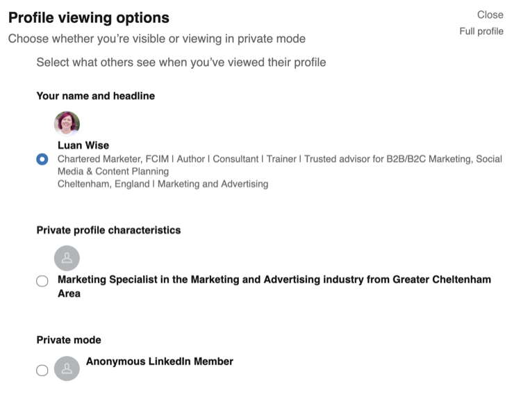 Opciones de visualización de perfil en la configuración de privacidad de LinkedIn