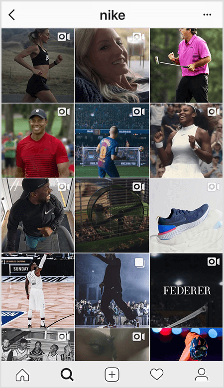 Las publicaciones de Nike en Instagram presentan una cuadrícula de atletas que usan equipo Nike, pero pocas imágenes en el feed tienen texto.