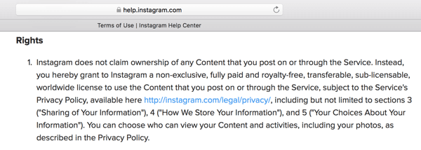 Los Términos de uso de Instagram describen la licencia que está otorgando a la plataforma para su contenido.