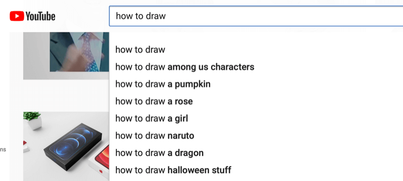 ejemplo de búsqueda de palabras clave en youtube para la frase "cómo dibujar"