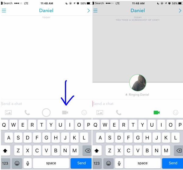 Para hacer una videollamada de Snapchat, toque el ícono de video en su conversación abierta con un cliente.