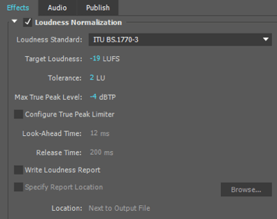 Utilizo esta configuración de normalización de volumen cuando exporto mi archivo de audio en Adobe Premiere.