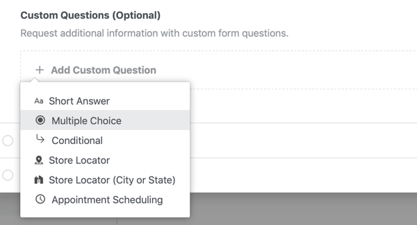 Opciones de configuración del tipo de pregunta para una campaña publicitaria de clientes potenciales de Facebook.