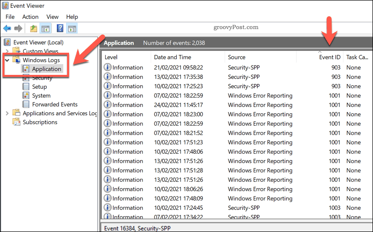 Una lista de registros de aplicaciones de Windows en el Visor de eventos