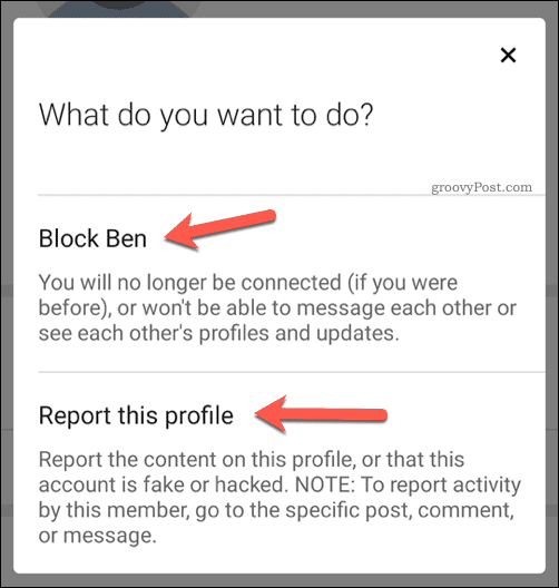Elegir bloquear o denunciar a un usuario en LinkedIn