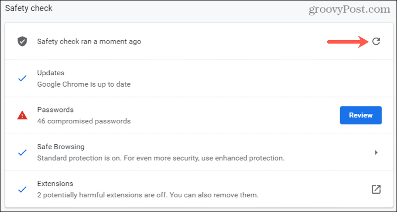 Vuelva a ejecutar la verificación de seguridad de Chrome