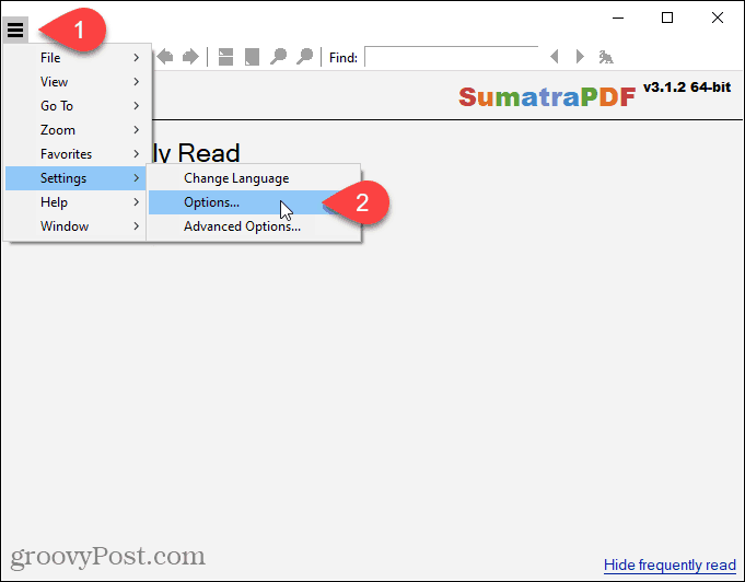 Vaya a Configuración> Opciones en SumatraPDF