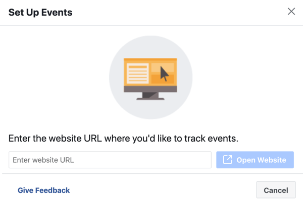 Utilice la herramienta de configuración de eventos de Facebook, paso 3, ingrese la URL del sitio web para instalar el evento de píxeles