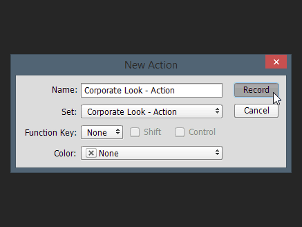 nuevo cuadro de diálogo de acción Photoshop name set key de función color record action batch edit