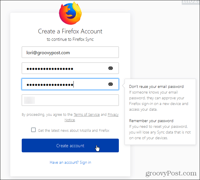 Crear una cuenta de sincronización de Firefox