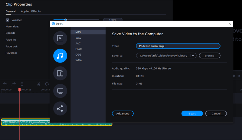 exportar audio como MP3 en Movavi